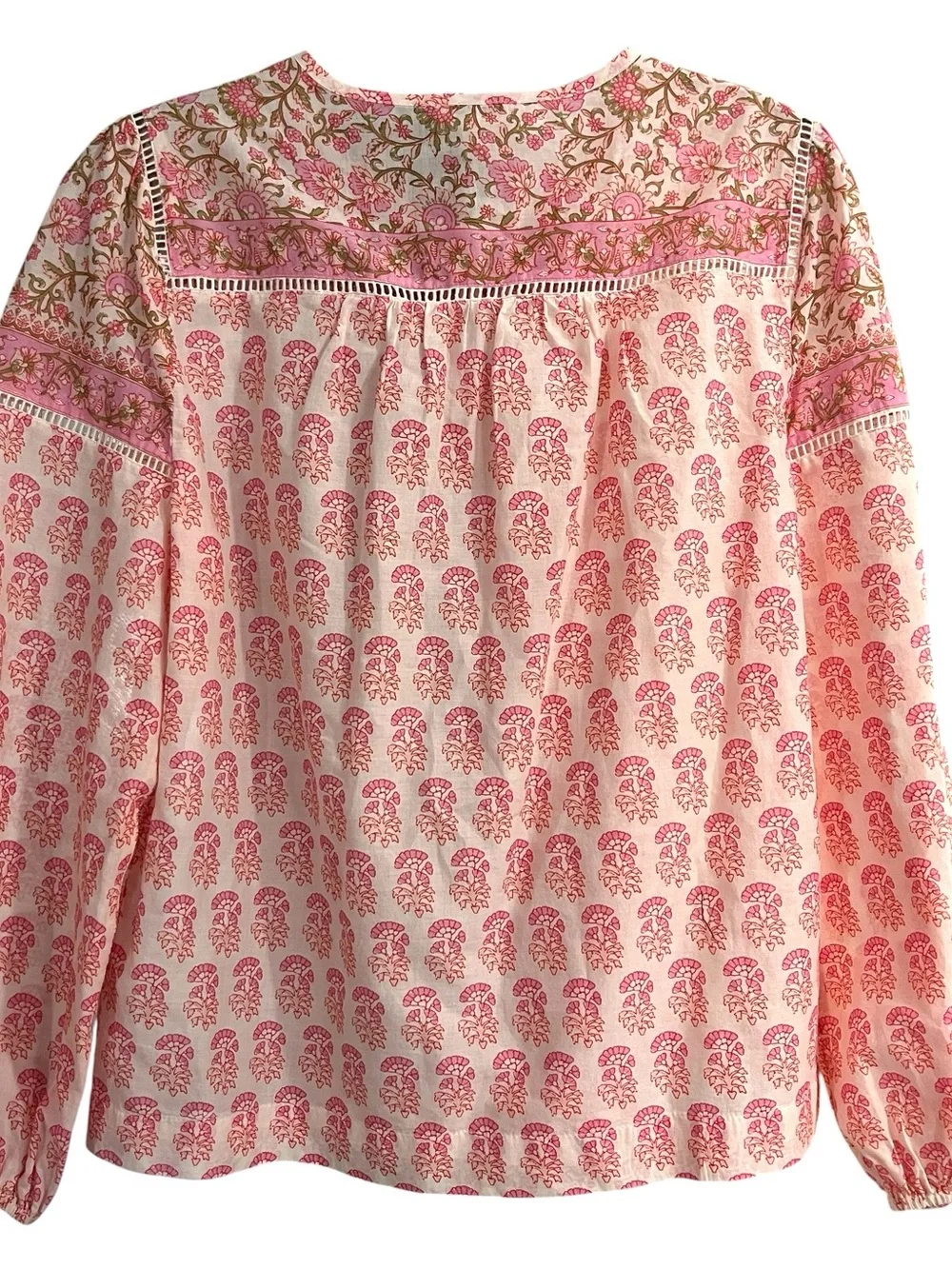 J.Crew Point Sur Block Print Popover Blouse XS Pink Paisley Cotton Boho Top